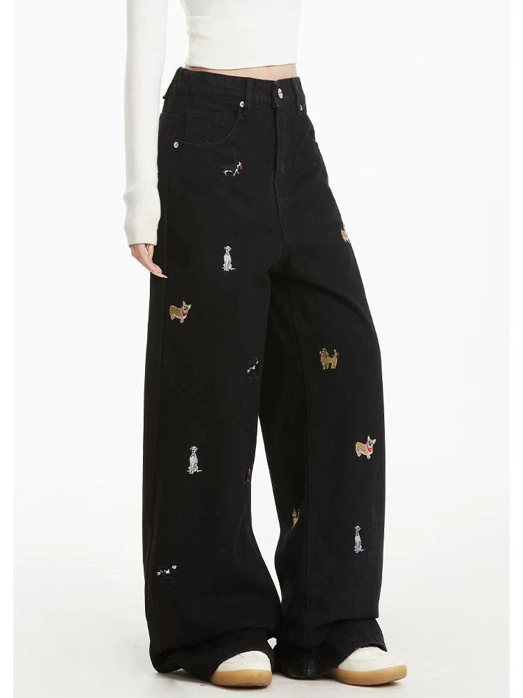 Women's Embroidered Basic Denim Women Jeans American Retro Chic Straight Leg Slim Vintage Woman Jeans Casual Simple Pants Female