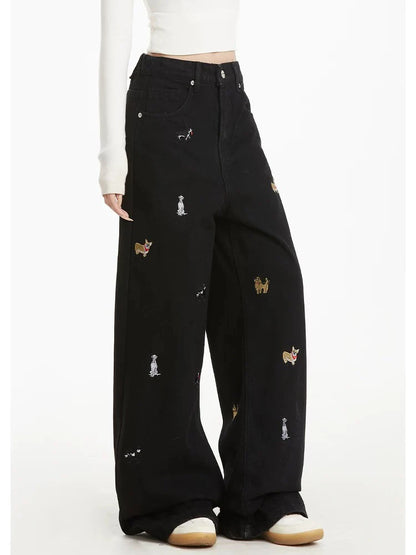 Women's Embroidered Basic Denim Women Jeans American Retro Chic Straight Leg Slim Vintage Woman Jeans Casual Simple Pants Female