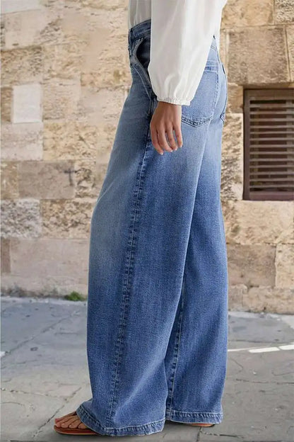 Jeans Women Wide Leg Pants Streetwear Floor Length High Waist Vintage Distressed Washed Embroidery Pockets Denims Trousers