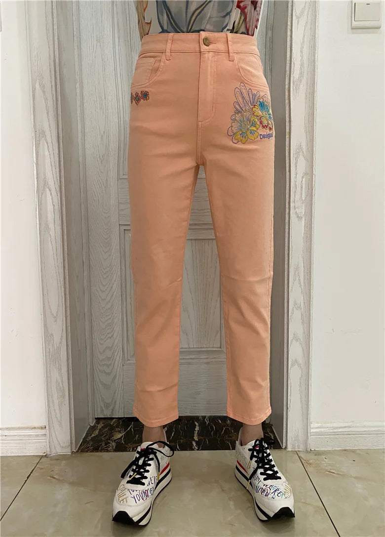 2025 new foreign trade Spain original single women's jeans Bohemian style printed straight leg elastic casual straight leg pants