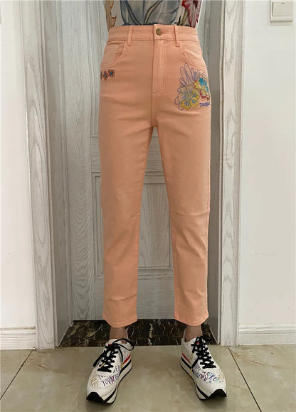 2025 new foreign trade Spain original single women's jeans Bohemian style printed straight leg elastic casual straight leg pants