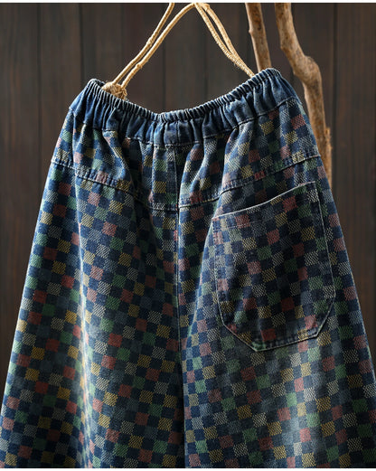 Women Casual Boyfriend Jeans New Arrival 2025 Autumn Vintage Style Plaid Pattern Loose Female Denim Harem Pants M1854