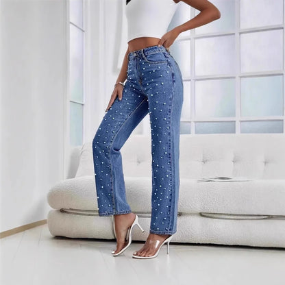 New 2026 Women's Jeans Pants Beading High Waist Casual Straight Pants for Women Streetwear Elegant Splice Denim Female Trousers