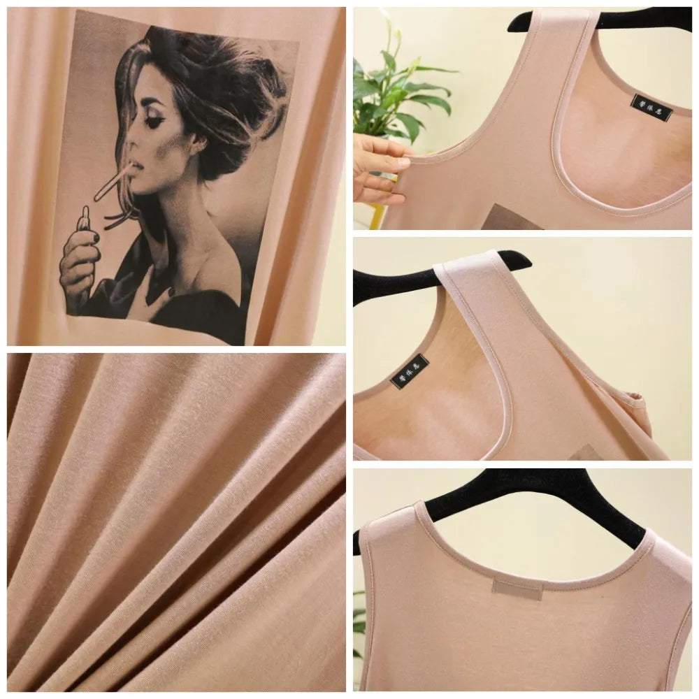 Women Long Tank Tops O-Neck Fashion Print Beauty's Head Casual Loose sleeveless T-shirt streetwear camis tops