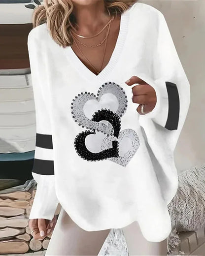 Women's white Blouse  Tops Spring fall Fashion Love Print Long Sleeve Loose V Neck Pullover Irregular Hem Casual T Shirt women