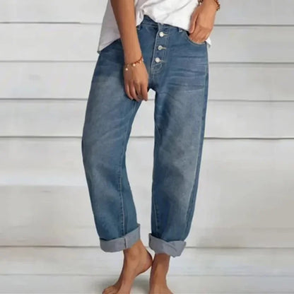 New Women Versatile Simple Denim Pants High Waist Single-breasted Splicing Straight Jeans Female Loose Casual Washable Trousers