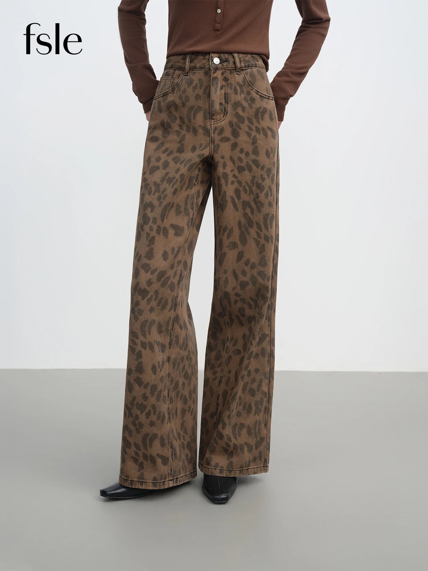 FSLE 2025 New Women's Jeans Chic Brown Straight Leg Pants Cotton Washed Denim High Waist Tummy Control Slim Fit Casual Trousers