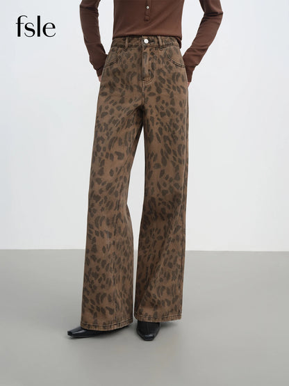 FSLE 2025 New Women's Jeans Chic Brown Straight Leg Pants Cotton Washed Denim High Waist Tummy Control Slim Fit Casual Trousers