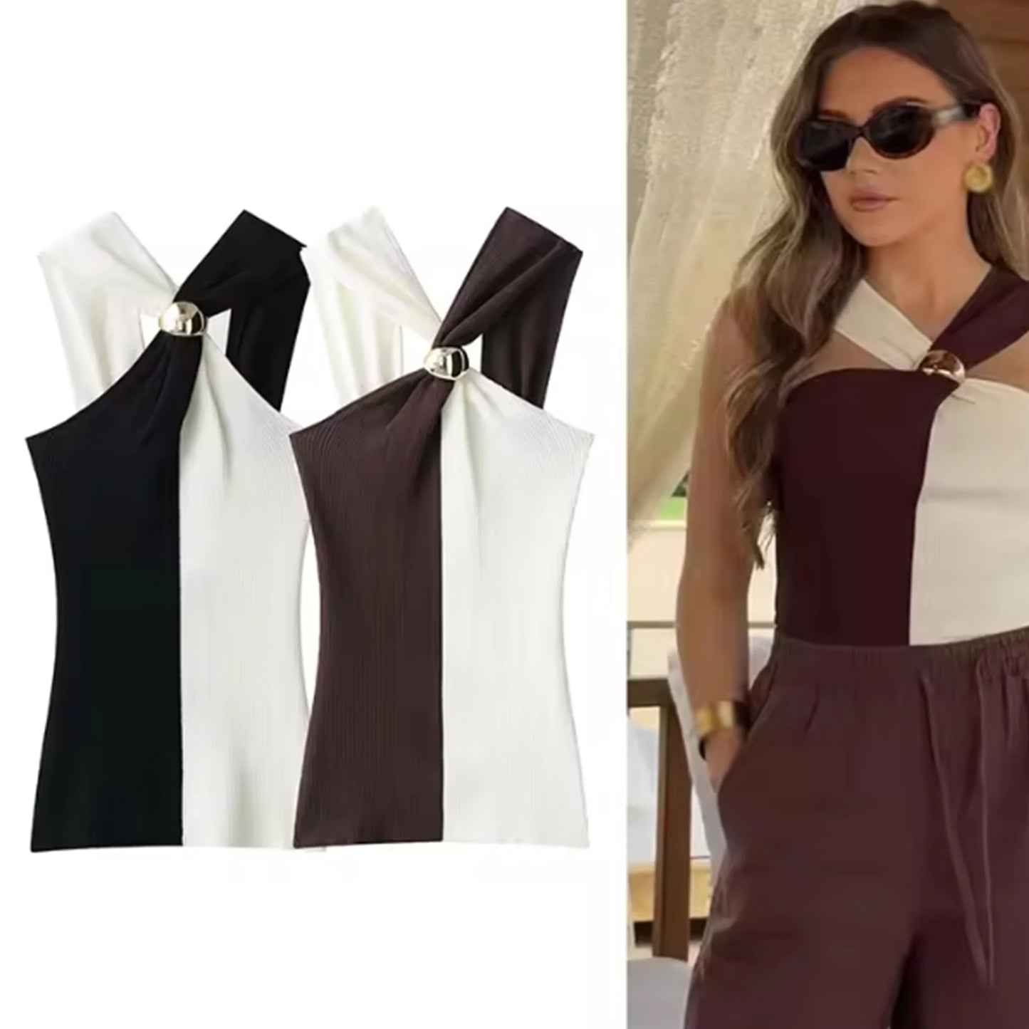 Women New Halter Tops Fashion Metal Decoration Crop Top Woman Sleeveless Knitted Short Tops For Women Sexy Party Top