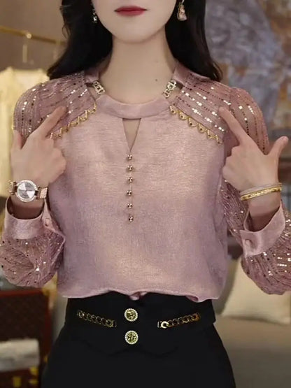 Women's High End Fashion Design with Unique and Shiny Pink Slimming and Versatile Light and Mature Top for Autumn Casual Tops