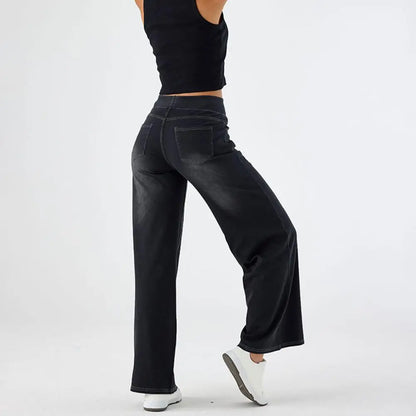 Women Jeans With Pockets Elastic High Waist Solid Color Full Length Pants Straight Wide Leg Trousers Sweatpant Daily Commuting