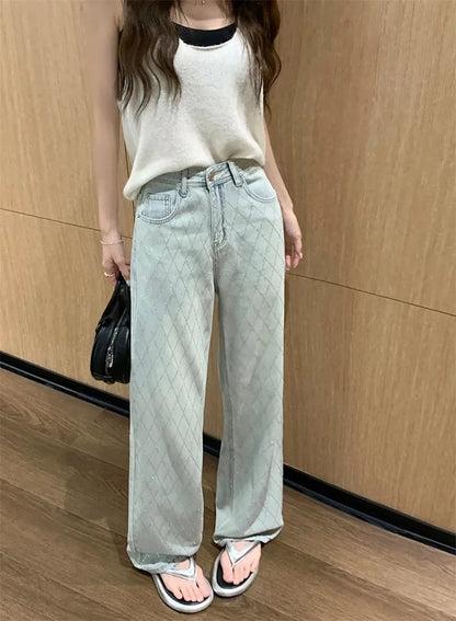 Fashion Women's Jeans High Waist One Side Plaid Shape Diamonds Wide Leg Denim Pants 2025 New Classic Straight Trousers