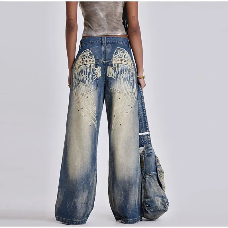 Women's Vintage Baggy Jeans High-Waisted Wide Leg Denim Pants with Back Wing Print Washed Y2K Streetwear 2025 Spring Summer Chic
