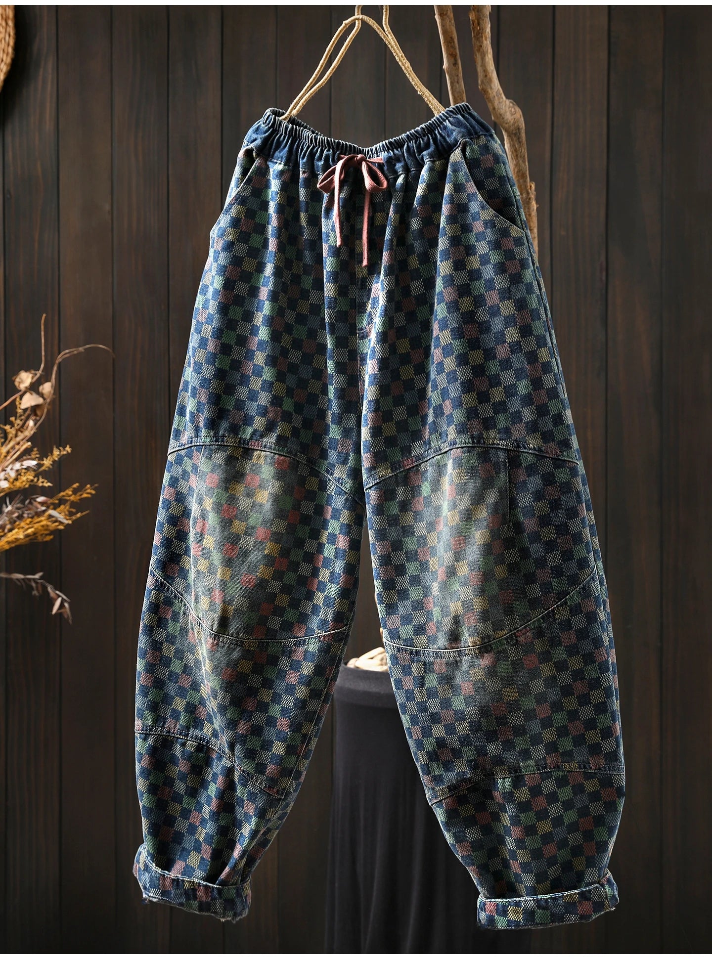 Women Casual Boyfriend Jeans New Arrival 2025 Autumn Vintage Style Plaid Pattern Loose Female Denim Harem Pants M1854