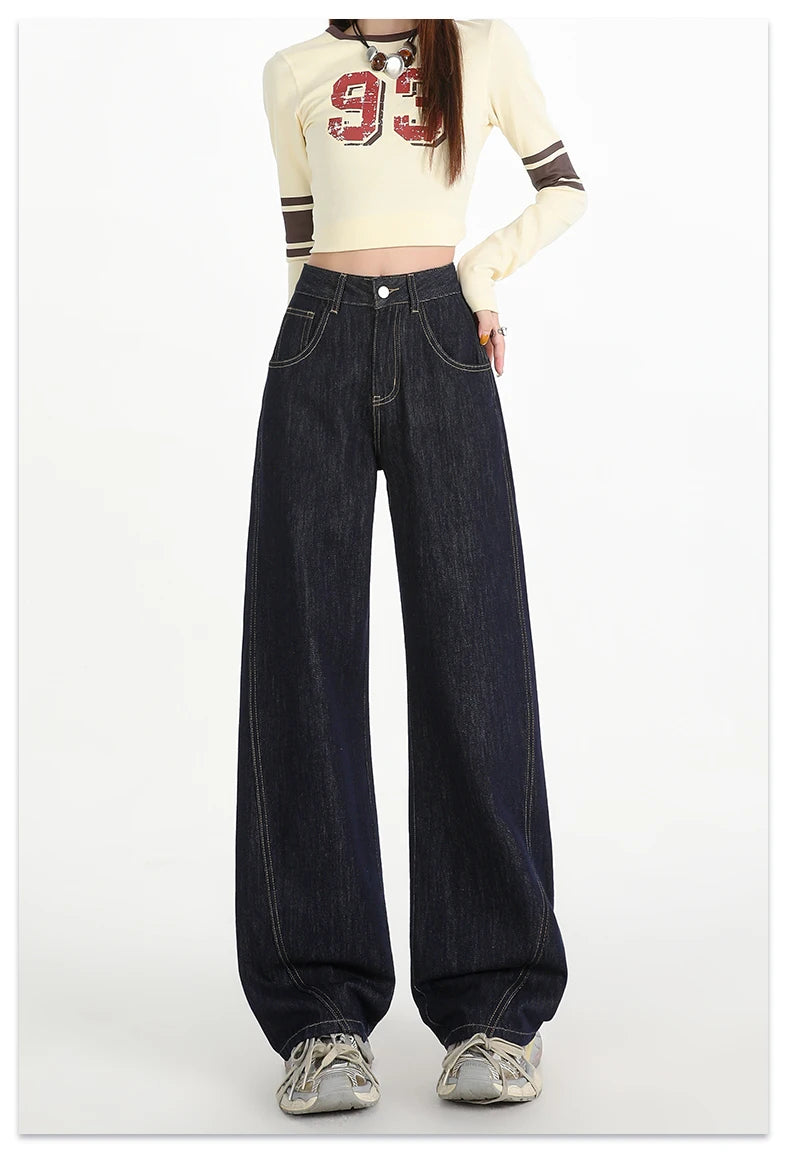 Woman Jeans High Waist Wide Leg Cotton Denim Clothing Design Sense Straight Pant Fashion Comfort White Retro Blue Casual Trouser