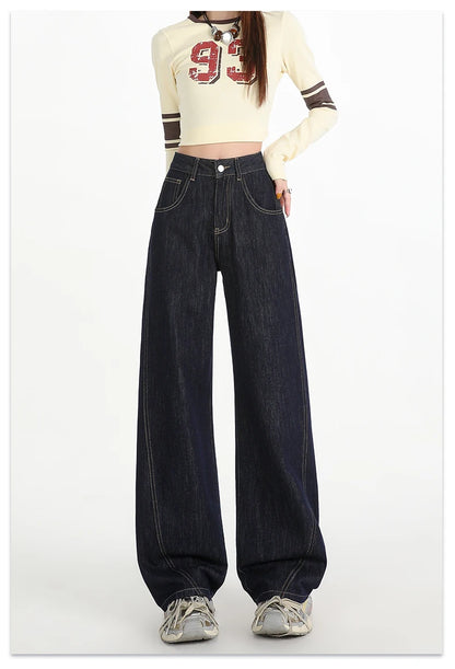 Woman Jeans High Waist Wide Leg Cotton Denim Clothing Design Sense Straight Pant Fashion Comfort White Retro Blue Casual Trouser