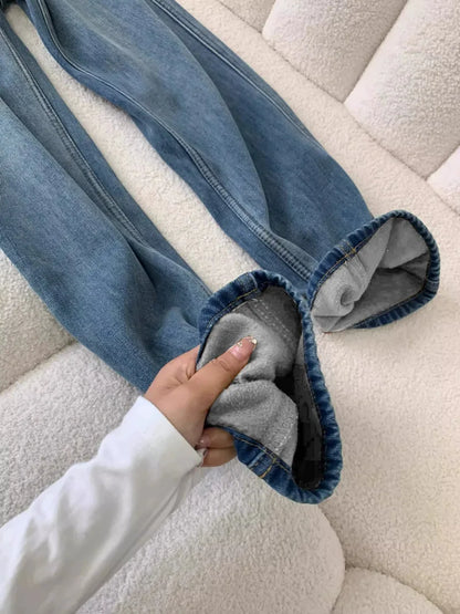 Jeans Women's Autumn and Winter Narrow Version Warm Wide-leg Velvet High-waisted Floor-mopping Pants Thickened Loose Retro