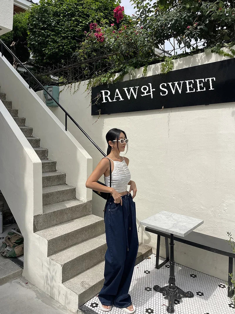 Korean Ins Retro Versatile High Waist Women's Straight Leg Jeans Summer New Fashion Loose Drawstring Design Women Wide Leg Jeans