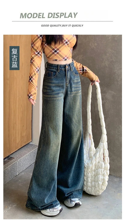 Women's Jeans Denim Pants 2025 Euramerican High Waist Girl Style Jean Trousers Colorful Straight Leg Wide Leg Pants