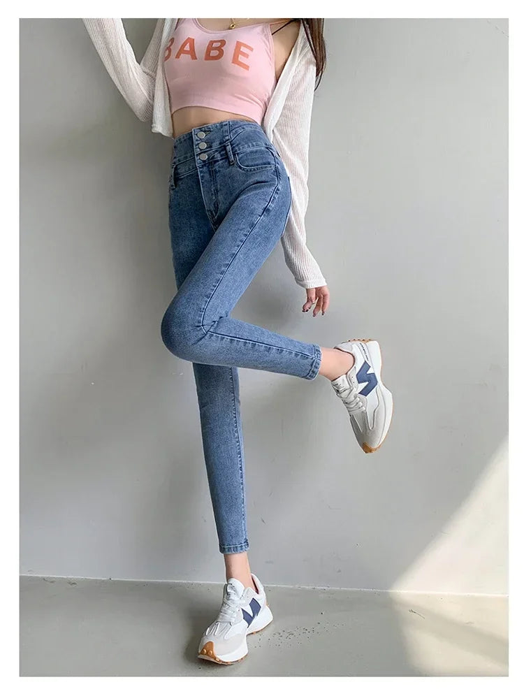 New Women's High Waist Stretch Jeans Blue Black Gray Fashionable and Versatile Multi-button Popular Slim Denim Long Pants Female