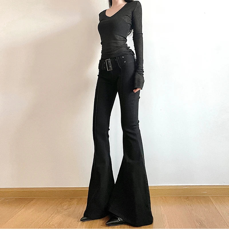 Women's Black Jeans Flare Pants Y2k Retro Emo 2000s Streetwear Fashion Trousers Harajuku Wide Yoga Pants 90s Aesthetic Clothes