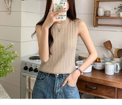 Sleeveless Blouse Shirt Women O-neck Rib Knit Vest Tank Plain Vest Tops Summer Female Basic Casual Tops Outfit
