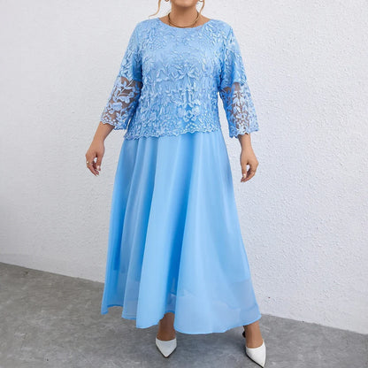 5XL Plus Size Long Dresses Women Clothing Summer Embroidery Fake Two Piece Elegant Party Dress for Wedding Guest Church Dress