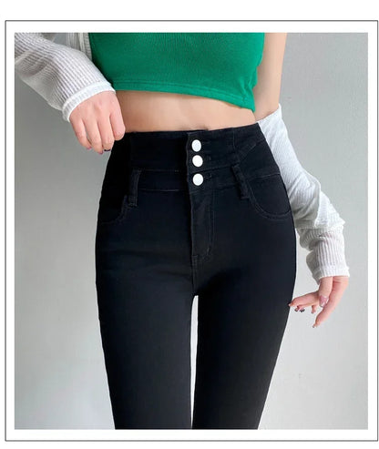 New Women's High Waist Stretch Jeans Blue Black Gray Fashionable and Versatile Multi-button Popular Slim Denim Long Pants Female