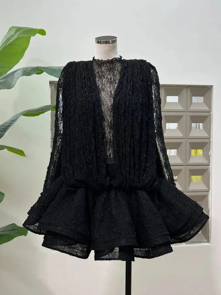 Chic Sheer Three Pieces Mini Dresses For Women Sexy O Neck Long Sleeve Tops Shorts Celebrity See Through Birthday Luxury Outfit