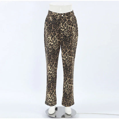 High-Waisted Leopard Print Denim Jeans for Women Retro Slim Straight Leg Trousers Vintage Y2k Hip Hop Streetwear Lady Fashion