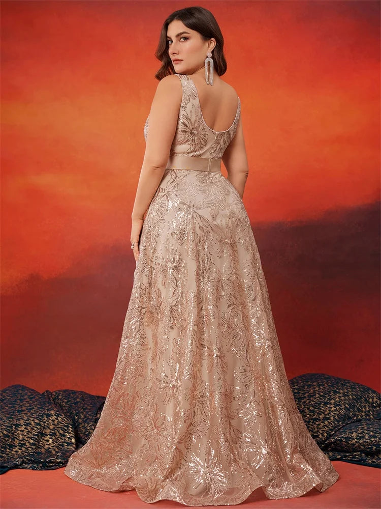 Plus Size Luxury Deep V-Neck Sequins Blue Evening Dress Women Elegant V-back Wedding Party Long Prom Cocktail Dresses