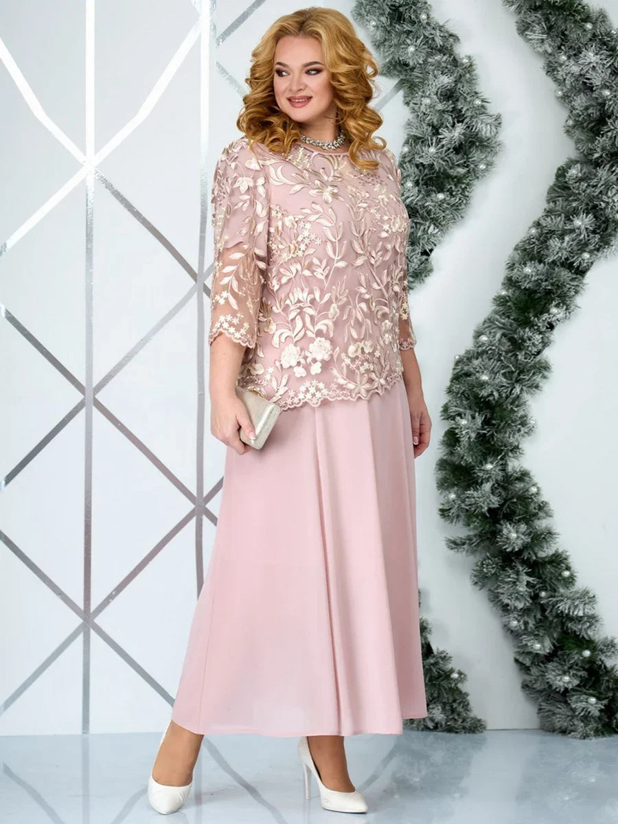5XL Plus Size Long Dresses Women Clothing Summer Embroidery Fake Two Piece Elegant Party Dress for Wedding Guest Church Dress