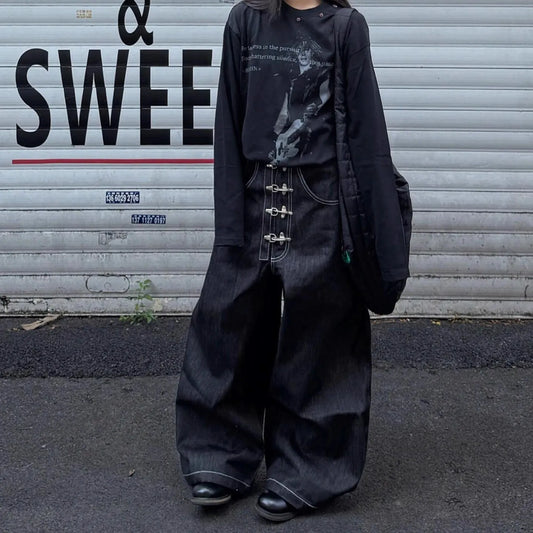 Women’s Multi-button Design Curved Wide-leg Jeans High Waist Straight Baggy Denim Pants Female Vintage Street Style Trouser