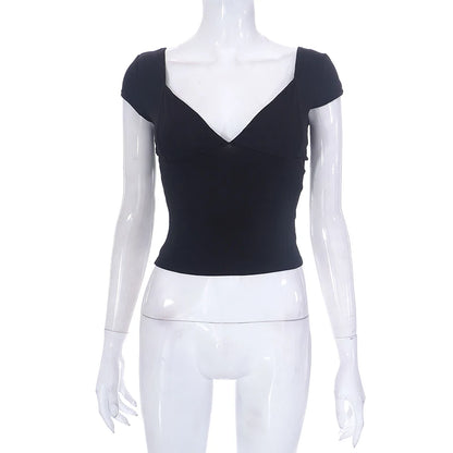 2000s  Tops for Women Fairy Grunge Clothes Sweet Solid Color V Neck Short Sleeve Tanks Aesthetic T Shirt Streetwear