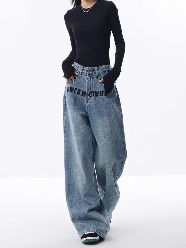 2024 New Blue Jeans Women Embroidered Design Sense Loose Wide Leg Pants Casual Street Style Pants