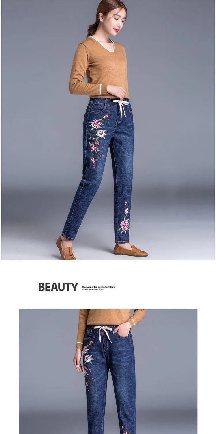 Brand Embroidery Jeans Womens Light Blue Elastic Waist Denim Pants High Waist Straight Leg Cropped Cut Jeans Spring Female