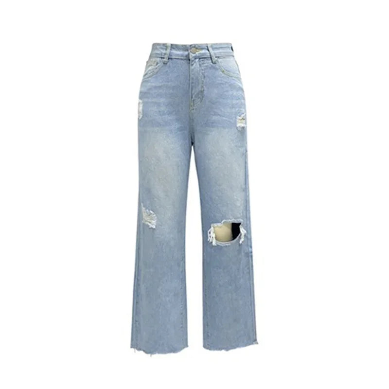 Women Knee Broken Holes Trend Straight Jeans Fashion Comfortable Casual High Waist Denim Pants Female Loose Wide Leg Trousers 24