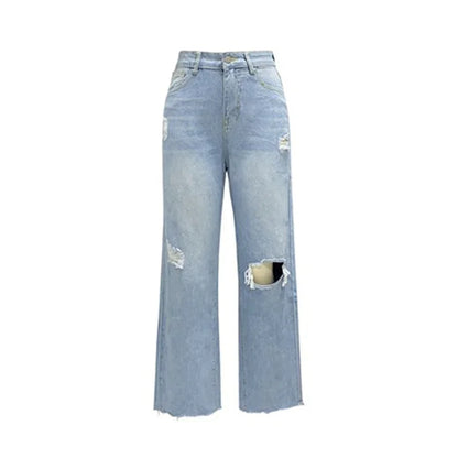 Women Knee Broken Holes Trend Straight Jeans Fashion Comfortable Casual High Waist Denim Pants Female Loose Wide Leg Trousers 24