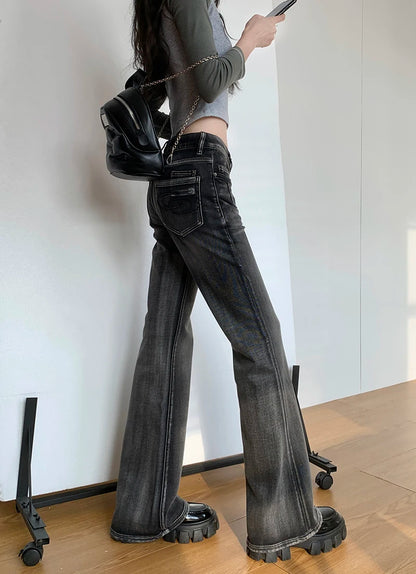 Women Gothic Y2k Flare Jeans Harajuku Baggy Denim Trousers 90s Aesthetic Low Waist Jean Pants Vintage 2000s Trashy Clothes 2024