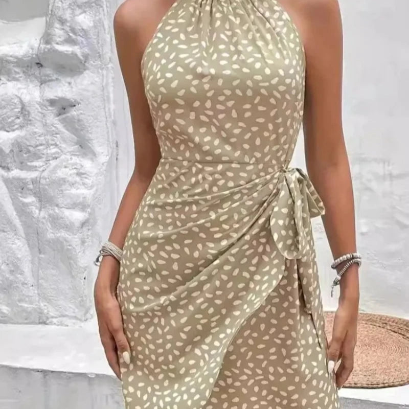 Women's Print Floral Dress Fashion Elegant Sexy Sleeveless Neck-mounted Mini Dresses Lady Summer Casual Beach Party Dress Femmes