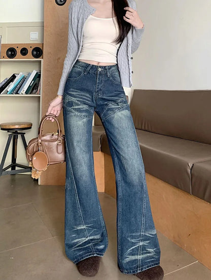 Woman High Waist Vintage Flare Jeans Korean Fashion Slimming Washed Denim Pants Women Y2K 2000S Streetwear Wide Leg Trousers