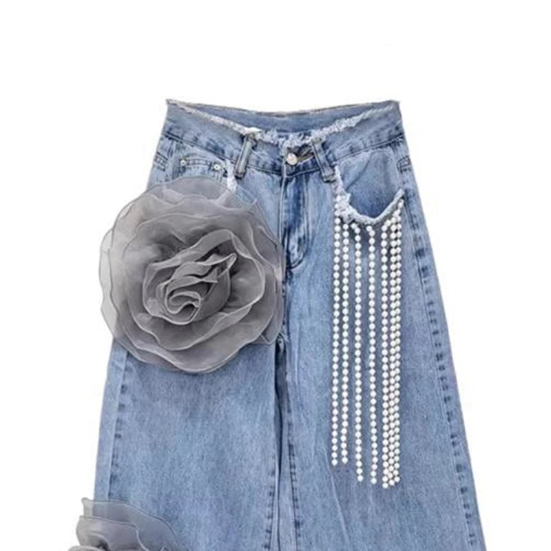 Women's High Waist Wide-Leg Casual Jeans Trousers Summer 2025 Loose Fit Joker Design Three-Dimensional Flower Wide-Leg Pants