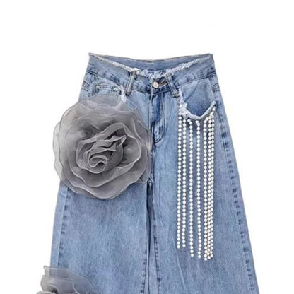Women's High Waist Wide-Leg Casual Jeans Trousers Summer 2025 Loose Fit Joker Design Three-Dimensional Flower Wide-Leg Pants