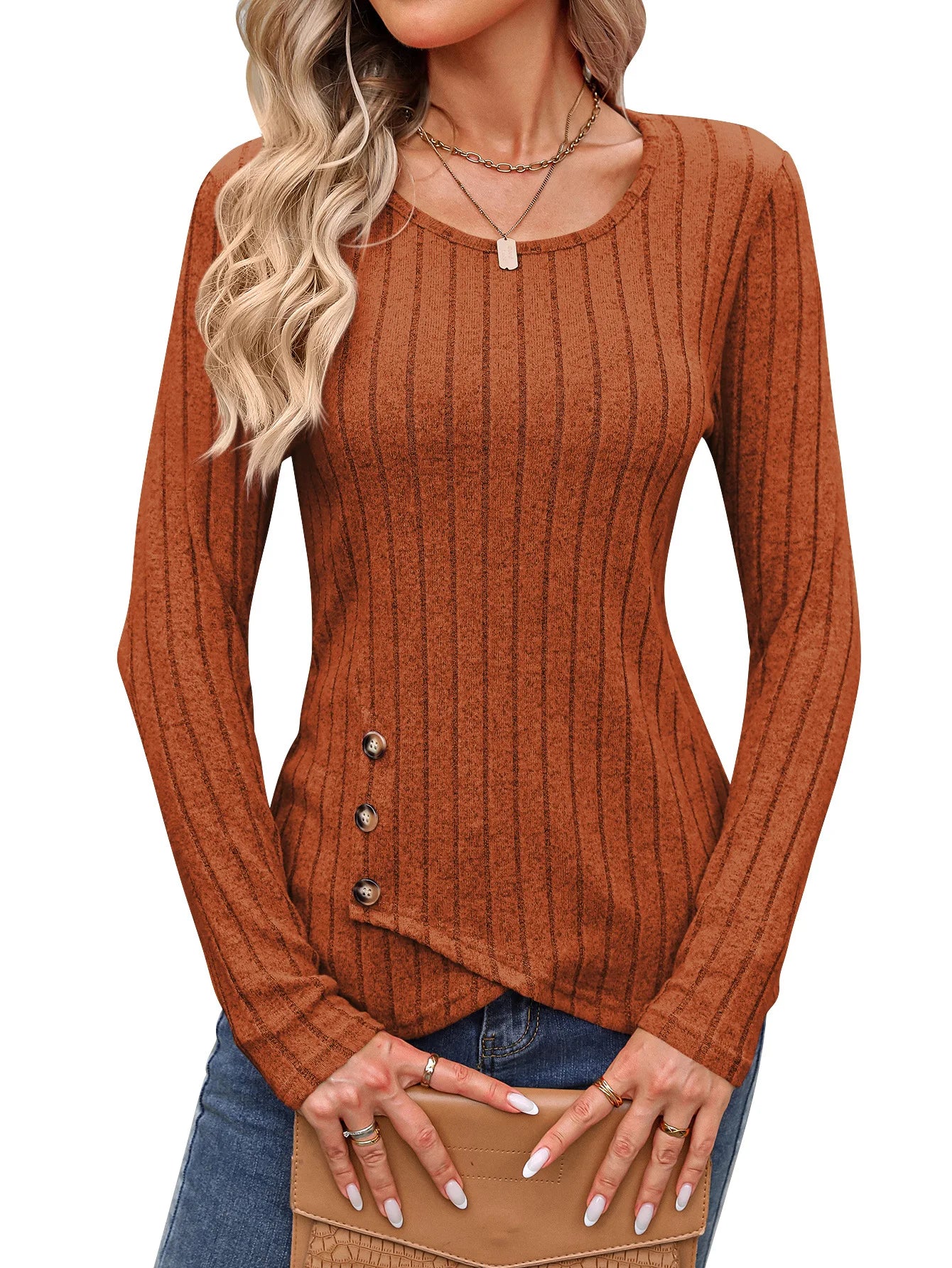 Women's Clothing Western Tops 2024 hot autumn new waist cinched round neck tight long sleeved top Europe America T-Shirts Tees