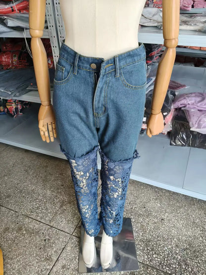 Fashion Elegant Jeans for Women High Waist Lace Patchwork Pantalones Hollow Out Oversized Spring Casual Loose All Match Pants