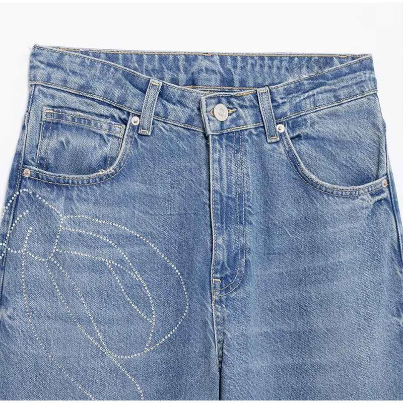 2025 Women Diamonds Denim Jeans Solid Loose Straight Long Pants Woman Casual High Waisted Pockets Streetwear Baggy Trousers