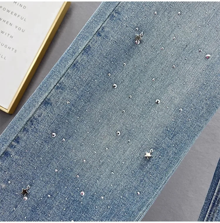 Fashion Women Blue Jeans High Waist Diamond Studded Straight Denim Pants Spring Summer Female Chic Trousers