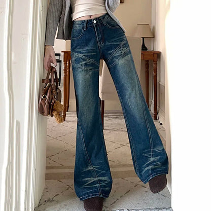Woman High Waist Vintage Flare Jeans Korean Fashion Slimming Washed Denim Pants Women Y2K 2000S Streetwear Wide Leg Trousers