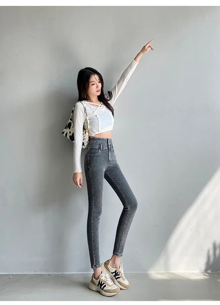 New Women's High Waist Stretch Jeans Blue Black Gray Fashionable and Versatile Multi-button Popular Slim Denim Long Pants Female