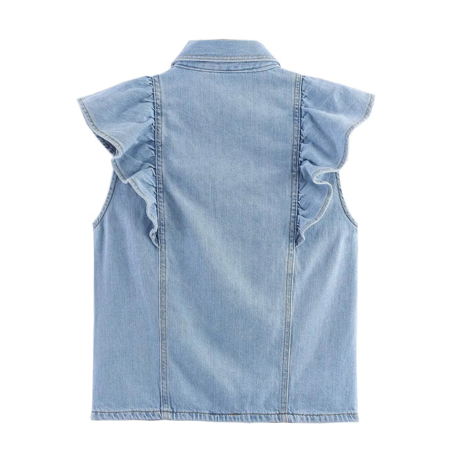 Women's European and American style layered denim vest top with belt high waisted straight leg jeans set